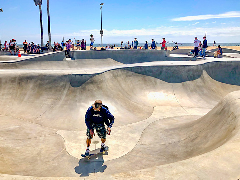 Venice, California, USA - May 5th, 2019: Skateboarding enthusiasts at Venice Beach.