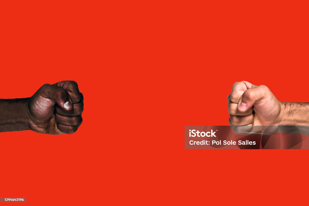 Multicultural fists raised. African black fist and caucasian white fist raised calling for freedom and equality on a red background. Racial Equality Stock Photo