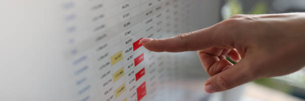 Female finger showing red numbers on table on computer screen closeup