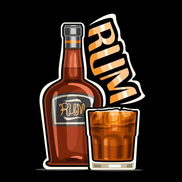 Vector label for Rum Vector label for Rum, outline illustration of brown bottle with decorative label and full glass of rum with ice cubes, square placard with unique design lettering for orange word rum on dark background whisky and coke stock illustrations