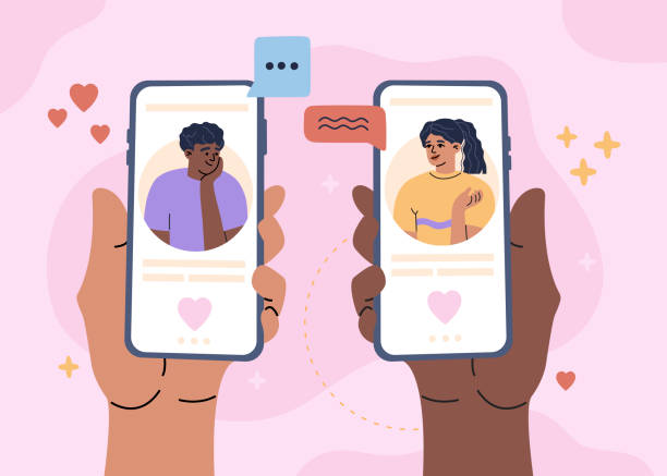 Dating app, social media mobile application Dating app, social media mobile application, young man and woman in love holding smartphone in hand and have online chat, virtual relationship. Modern illustration, flat cartoon style, pink background internet dating stock illustrations