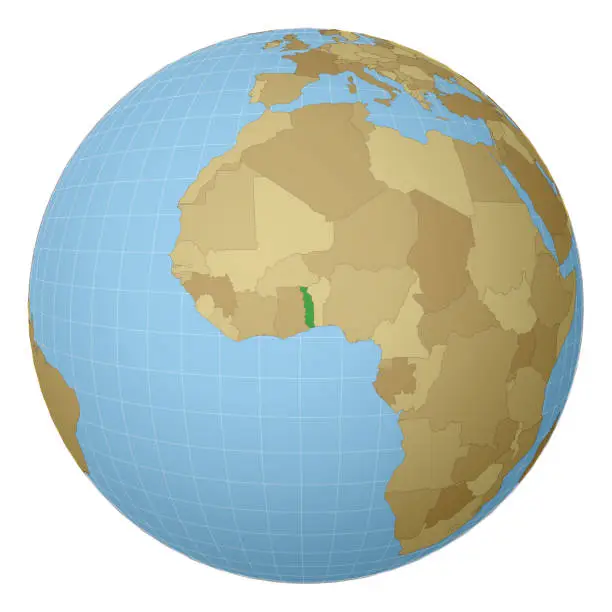 Vector illustration of Globe centered to Togo. Country highlighted with green color on world map.