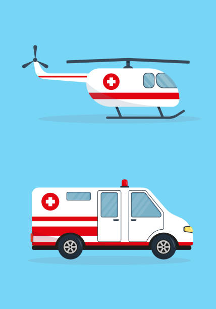 평평한 스타일의 구급차 자동차와 헬리콥터. - ambulance mini van speed emergency sign stock illustrations