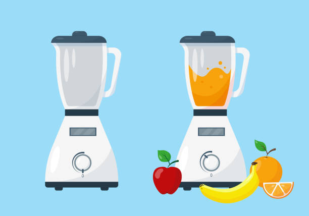 ilustraciones, imágenes clip art, dibujos animados e iconos de stock de licuadora y licuadora de trabajo con fruta. - blender food processor white isolated