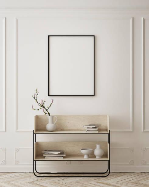 istock mock up poster frame in modern interior background, scandinavian style, 3D render 1294647650