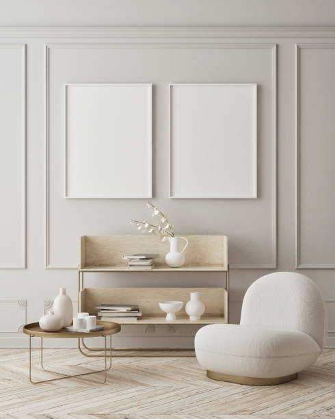 istock mock up poster frame in modern interior background, scandinavian style, 3D render 1294647651