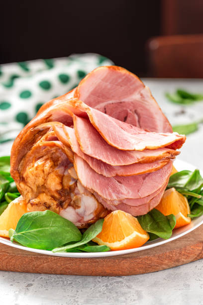 istock Sliced ham in a plate close-up 1294649370