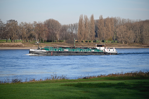 Duesseldorf, Germany, December 18, 2020 - The gas tank ship  GMS Noortstroom - Geertruidenberg/NL drive the river Rhein upstream at the height of Duesseldorf Kaiserswerth upstream the river Rhine.