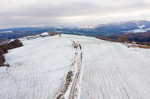 Aerial winter view, snow covered coutryside