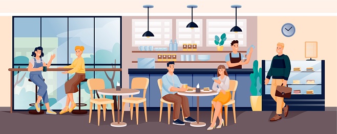 People in cafe with coffee and cakes. Interior design of modern cafeteria vector illustration. Barista at counter, businessman, man and woman sitting and eating, girls talking.