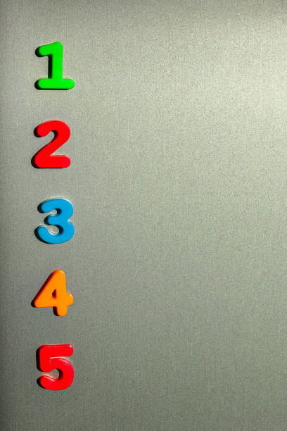 istock Plastic numbers in different colors arranged vertically from one to five on the gray stainless steel surface. 1294656253