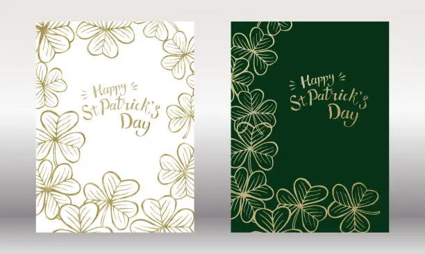 Vector illustration of Happy St. Patrick's Day vector illustration. Shamrock frame. Gold covers. Colorful leaf patterns.  Modern front page in vector. Holiday vector illustration.