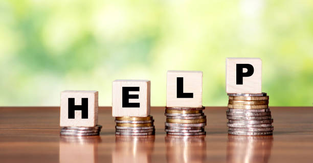 istock HELP inscription on wooden cube block with growth step coin. 1294661833