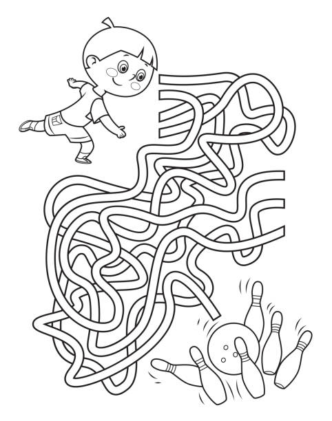 Black And White Maze, Boy throwing bowling ball at the pins Vector Black And White Maze, Boy throwing bowling ball at the pins the black ball stock illustrations