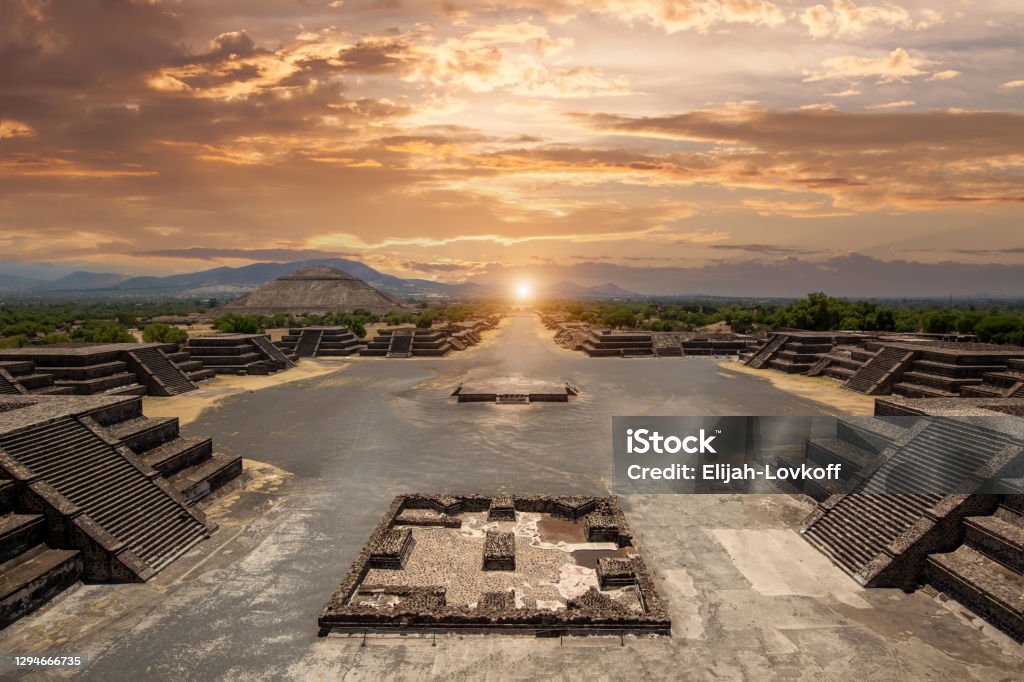 Landmark Teotihuacan pyramids complex located in Mexican Highlands and Mexico Valley close to Mexico City Landmark Teotihuacan pyramids complex located in Mexican Highlands and Mexico Valley close to Mexico City. Aztec Civilization Stock Photo