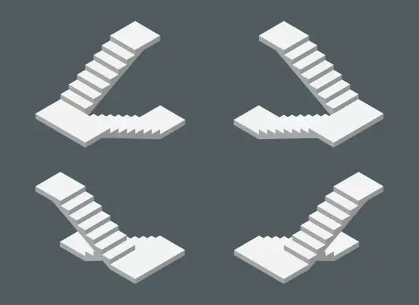 Vector illustration of Isometric vector illustration modern concrete staircases for exterior or interior isolated on dark background. Set of steps or stairs in different positions vector icons in flat cartoon style.