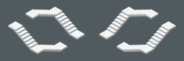Vector illustration of Isometric vector illustration modern concrete staircases for exterior or interior isolated on dark background. Set of steps or stairs in different positions vector icons in flat cartoon style.