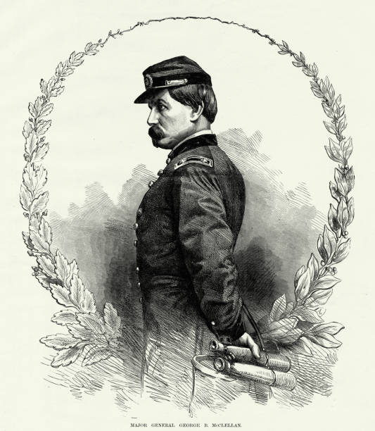 ilustraciones, imágenes clip art, dibujos animados e iconos de stock de antiguo: mayor general george b. mcclellan grabado de la guerra civil - civil war general engraving men