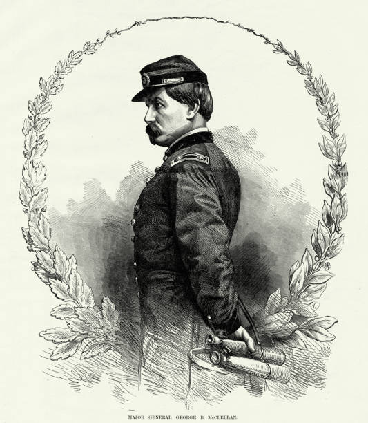 ilustrações, clipart, desenhos animados e ícones de antiguidade: major general george b. mcclellan gravar guerra civil - civil war general engraving men
