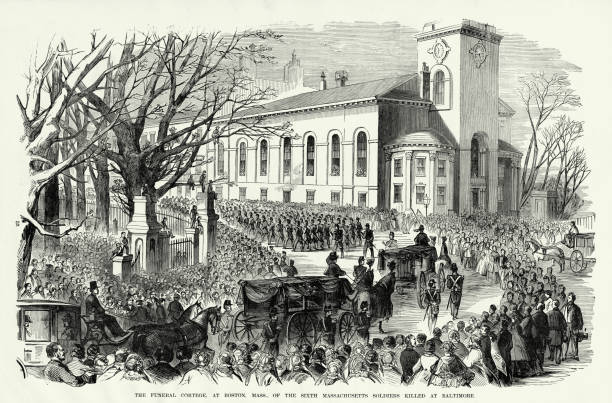 ilustrações, clipart, desenhos animados e ícones de antiguidade: o cortege fúnebre em boston, massachusetts dos soldados mortos na gravação da guerra civil de baltimore - civil war general engraving men