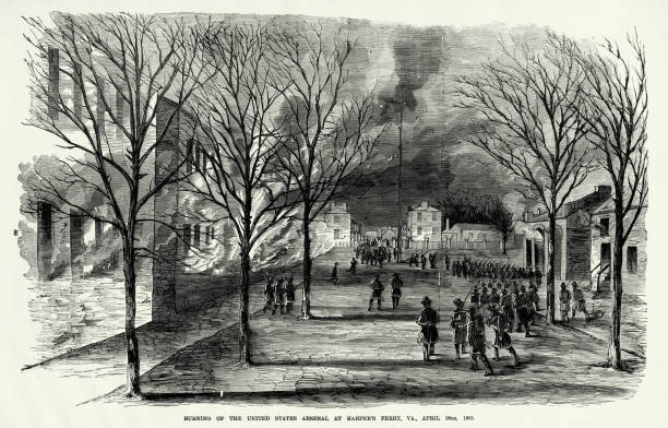 골동품: 1861년 4월 18일 버지니아 주 하퍼스 페리에서 미국 아스날의 불타는 - arsenal stock illustrations
