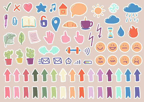 Vector stickers for planner, cute hand drawn cartoon style illustration with trendy objects and signs