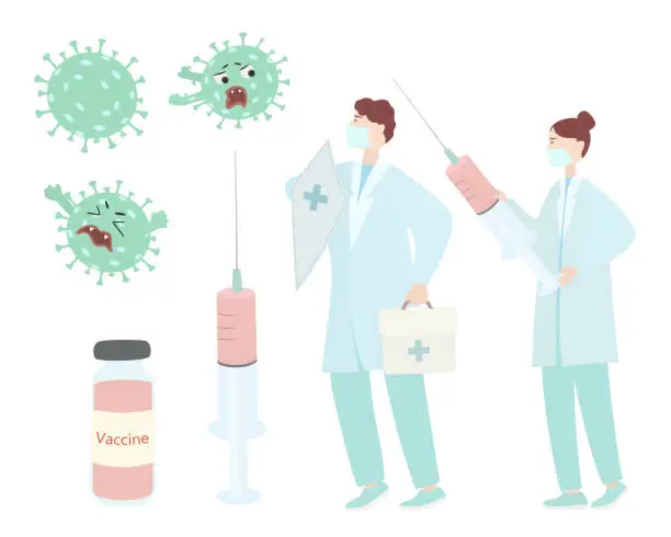 Vector illustration of Set on the topic of vaccination against coronavirus infection. Female doctor with syringe. Male doctor with shield protects against coronavirus. Ampoule with vaccine. Vector flat illustration.