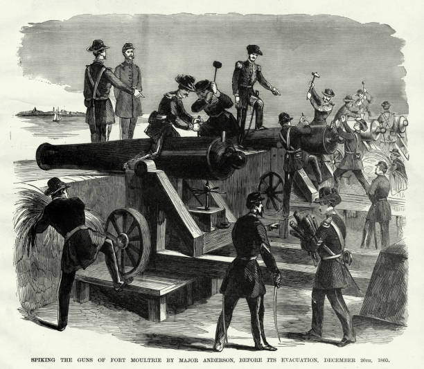 ilustraciones, imágenes clip art, dibujos animados e iconos de stock de antique: spiking the guns of fort moultrie by major anderson before its evacuation, december, 20, 1860 civil war engraving - civil war general engraving men