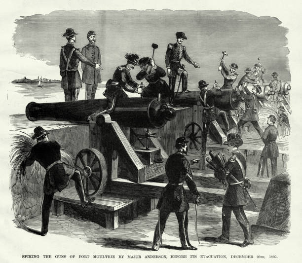 골동품: 1860년 12월 20일 남북전쟁 인그레이빙 전, 앤더슨 장군에 의해 포트 몰트리 의 총을 스파이크 - confederate soldier stock illustrations