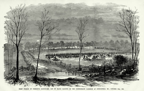 ilustrações, clipart, desenhos animados e ícones de antiguidade: primeira acusação do guarda-costas de fremont na guarnição confederada em springfield, missouri, 25 de outubro de 1861 gravura da guerra civil - civil war general engraving men