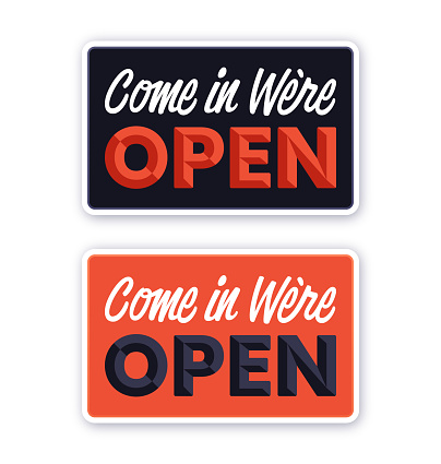 Come in We're Open retro orange and black business hanging sign.