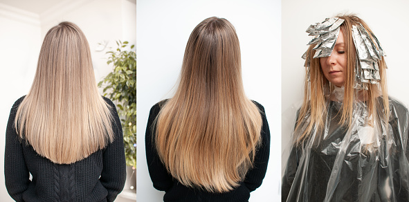 Blonde hair transformation process before and after highlighting hair, three photos in one on a white background in a beauty salon