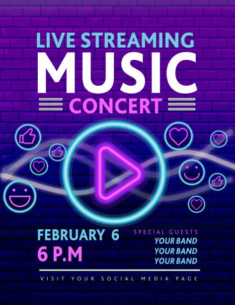 Vector illustration of Live Streaming Music neon sign concert social media banner design with guitar and play button concept on purple brick wall
