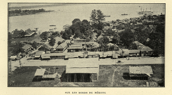 Vintage photograph of a View on the Mekong, Vietnam, Victorian 19th Century.