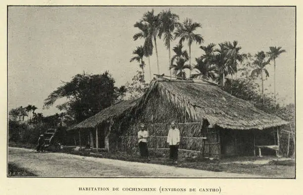 Vintage photograph of Cochinchina home. Surroundings of Cantho, Victorian 19th Century. Cochinchina is a historical exonym for part of Vietnam,