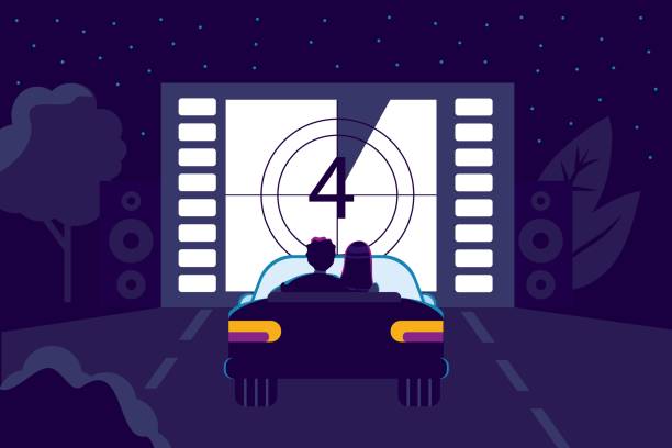 Drive-in movie theater with open air parking flat style Movies vector illustration Drive-in movie theater with open air parking flat style Movies vector illustration Couple in love watching movie sitting in car Outdoor cinema in the night city couple driving at night stock illustrations