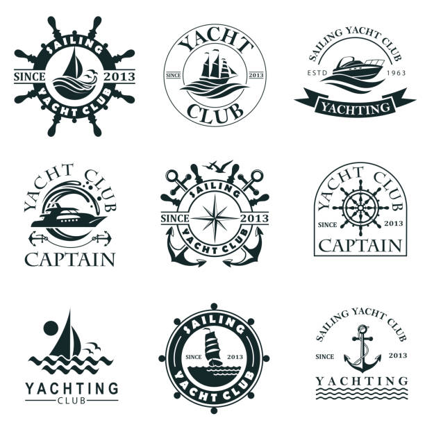 ilustraciones, imágenes clip art, dibujos animados e iconos de stock de etiqueta del club náutico establecido - anchor harbor vector symbol