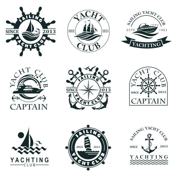 yacht club label set collection of yacht club labels with sea waves, anchor and helm isolated on white background bellcaptain stock illustrations