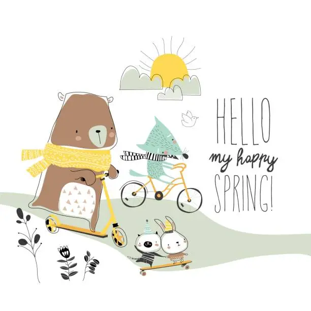 Vector illustration of Happy animals doing sport in spring forest