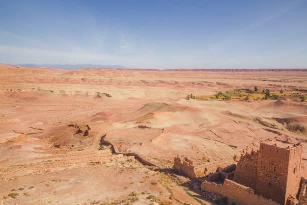 Desert view from the citadel of Ait Benhaddou, a historic fortified village, noted for its ancient clay earthen architecture.