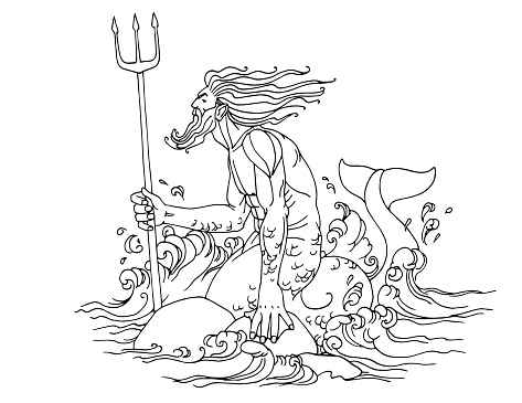 Triton in the waves, ancient Greek god of the deep water with a trident, diving logo or emblem, vector illustration with black ink contour lines isolated on a white background in a hand drawn style