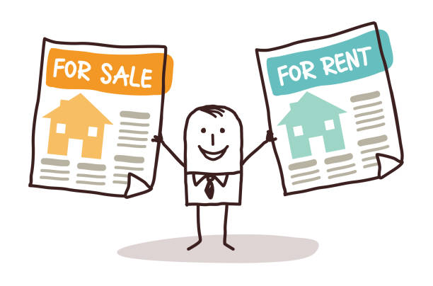 ilustrações de stock, clip art, desenhos animados e ícones de cartoon real estate agent with houses for sale or rent - for sale classified ad newspaper sale