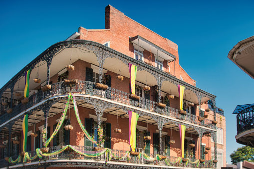 Decorated house in the French Quarter of New Orleans Louisiana USA on a sunny day during Mardi Gras Day