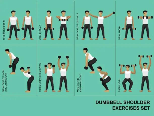 Vector illustration of Dumbbell Shoulder Exercise Moves Manga Gym Set Illustration