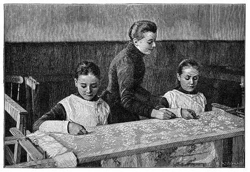 Girls learning Limerick Lacemaking - Scanned Engraving