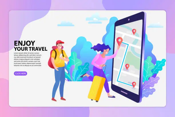 Vector illustration of Online Travelling Illustration for landing page. Travel and vacation concept. Man with a smartphone. Take a walk along the sea in nature along the way.