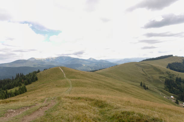 Summer landscape in mountains and the dark blue sky with clouds. Landscape from Bucegi Mountains, part of Southern Carpathians in Romania in a very foggy day