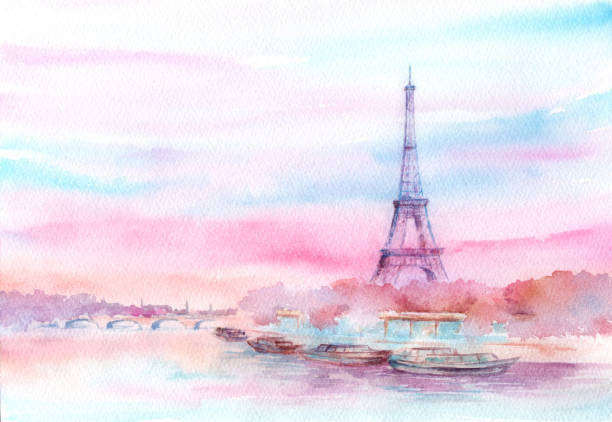 ilustrações, clipart, desenhos animados e ícones de pintura em aquarela do cenário ao redor da torre eiffel. - paris