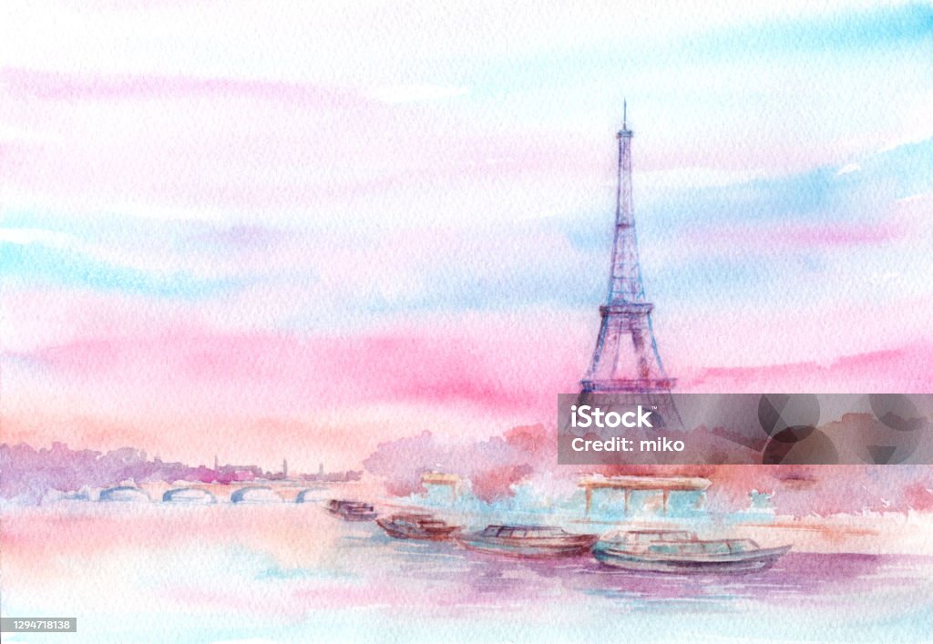 Watercolor painting of the scenery around the Eiffel Tower. Paris - France stock illustration
