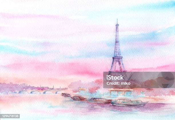 Watercolor Painting Of The Scenery Around The Eiffel Tower Stock Illustration - Download Image Now